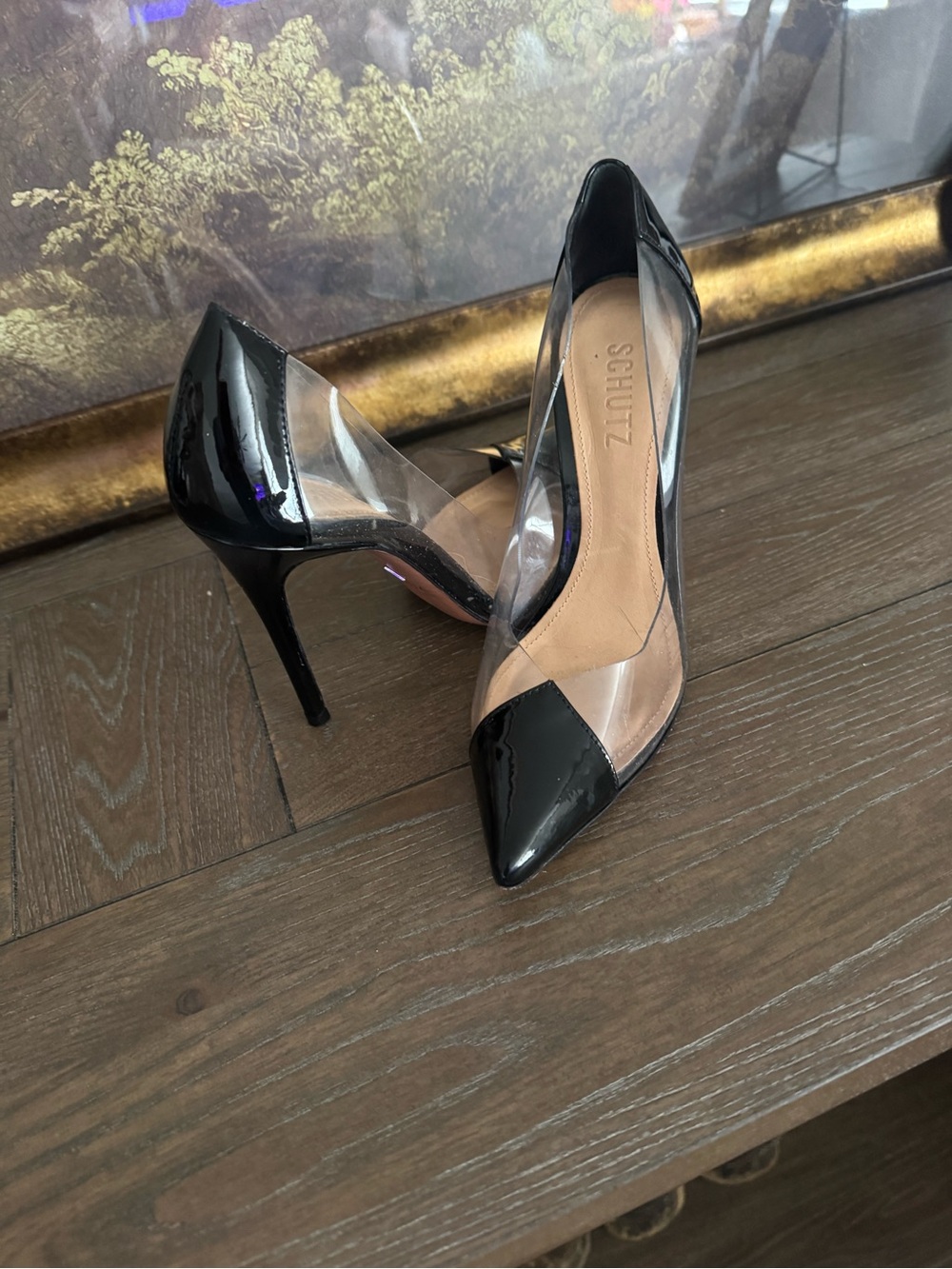 SCHUTZ Black Patent Pointed Toe Clear Panel Stilettos